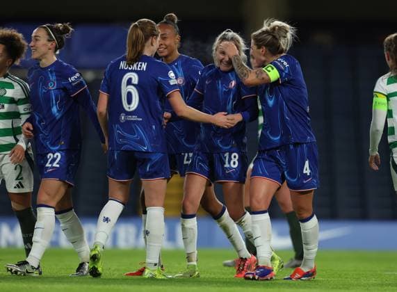 London, England, 20th November 2024. Wieke Kaptein (2nd R) of Chelsea celebrates after scoring to make it 2-0 during the UEFA Womens Champions League match at Stamford Bridge, London. Picture credit should read: Paul Terry Sportimage EDITORIAL USE ONLY. No use with unauthorised audio, video, data, fixture lists, club league logos or live services. Online in-match use limited to 120 images, no video emulation. No use in betting, games or single club league player publications. SPI-3461-0010