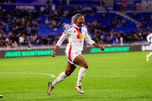 Lyon, France Kadidiatou Diani (11 Olympique Lyonnais) celebrates after scoring during the UEFA Women?s Champions League game between Olympique Lyonnais and AS Roma at Groupama Stadium in Lyon, France. (Pauline FIGUET SPP) Copyright: xPaulinexFIGUETx xSPPx spp-en-PaFiSp-PF_OLASR1762