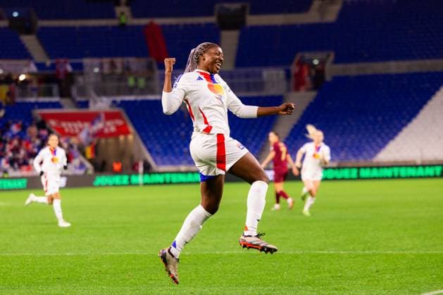 Lyon, France Kadidiatou Diani (11 Olympique Lyonnais) celebrates after scoring during the UEFA Women?s Champions League game between Olympique Lyonnais and AS Roma at Groupama Stadium in Lyon, France. (Pauline FIGUET SPP) Copyright: xPaulinexFIGUETx xSPPx spp-en-PaFiSp-PF_OLASR1763