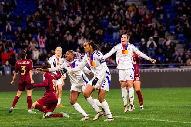 Lyon, France Wendie Renard (3 Olympique Lyonnais) and Vanessa Gilles (21 Olympique Lyonnais) celebrate after scoring in action during the UEFA Women?s Champions League game between Olympique Lyonnais and AS Roma at Groupama Stadium in Lyon, France. (Pauline FIGUET SPP) Copyright: xPaulinexFIGUETx xSPPx spp-en-PaFiSp-PF_OLASR1790