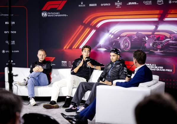 LAS VEGAS - Kevin Magnussen (Haas F1 Team), George Russell (Mercedes) and Esteban Ocon (Alpine) during a press conference, PK, Pressekonferenz ahead of the Las Vegas Grand Prix. ANP SEM VAN DER WAL xVIxANPxSportx xxANPxIVx 513928210 originalFilename: 513928210.jpg