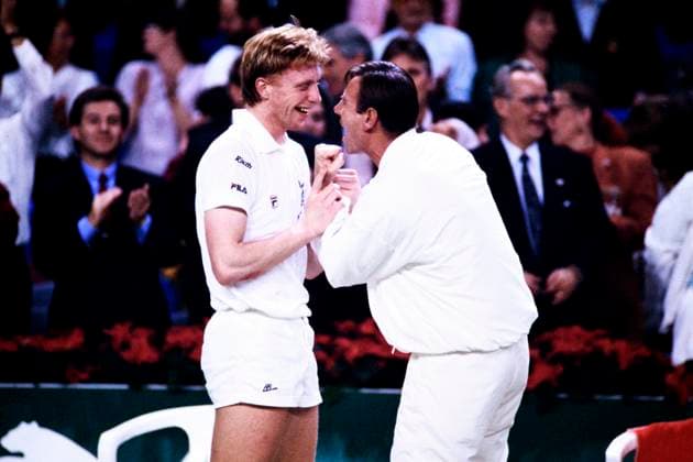 BECKER Boris Team Germany celebrates after the victory with coach Nikola PILIC ITF Tennis Davis Cup Final 1989 Germany Sweden on December 15 to 17 in Stuttgart Copyright: xLacixPerenyix