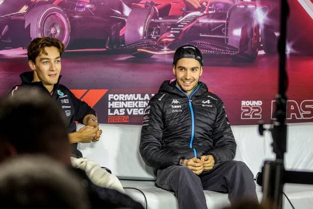 Formula 1 GP Las Vegas USA Thursday, 21 11 2024 George Russell 63, Mercedes AMG Petronas F1 Team and Esteban Ocon 31, BWT Alpine F1 Team at the press conference Formula 1 GP Las Vegas USA Thursday, 21 11 2024 Copyright: xBEAUTIFULxSPORTS Erlhofx