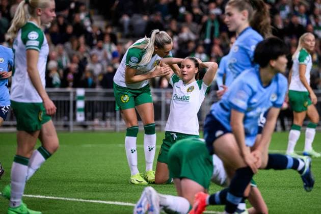 241121 Ellen Wangerheim and Smilla Vallotto of Hammarby look dejected during the Women s Champions League football match between Hammarby and Manchester City on November 21, 2024 in Stockholm Photo Simon Hastegard BILDBYRAN kod SH SH0547 fotboll football soccer fotball uefa womens champions league hammarby manchester city dam bbeng bbauto depp  Copyright: SIMONxHASTEGARD BB241121SH038