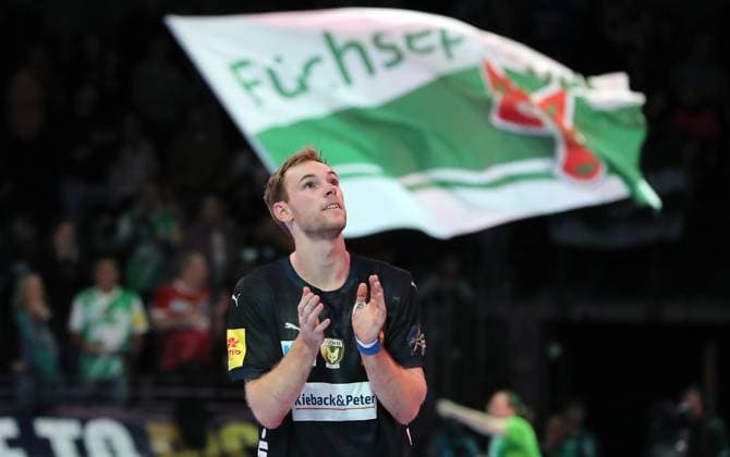 Mathias Gidsel, Füchse team cheers after the end of the match Joy Emotion Cheering Sport Handball CL Champions League Champions League Men Season 2024 2025 21 11 2024 Füchse Berlin vs Dynamo Bucharest Dinamo Bucharesti