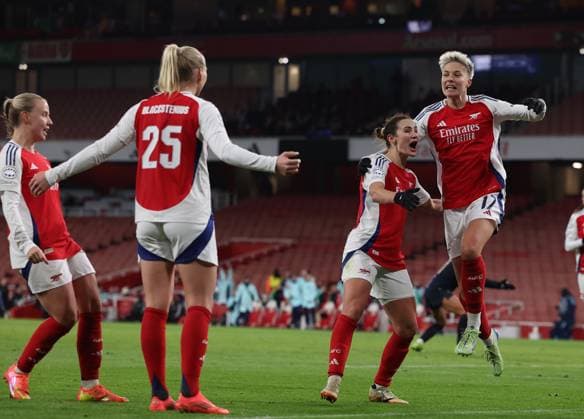 London, England, 21st November 2024. Lina Hurtig of Arsenal celebrates after scoring the opening goal during the UEFA Womens Champions League match at the Emirates Stadium, London. Picture credit should read: Paul Terry Sportimage EDITORIAL USE ONLY. No use with unauthorised audio, video, data, fixture lists, club league logos or live services. Online in-match use limited to 120 images, no video emulation. No use in betting, games or single club league player publications. SPI-3462-0015