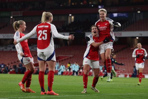 London, England, 21st November 2024. Lina Hurtig of Arsenal celebrates after scoring the opening goal during the UEFA Womens Champions League match at the Emirates Stadium, London. Picture credit should read: Paul Terry Sportimage EDITORIAL USE ONLY. No use with unauthorised audio, video, data, fixture lists, club league logos or live services. Online in-match use limited to 120 images, no video emulation. No use in betting, games or single club league player publications. SPI-3462-0016