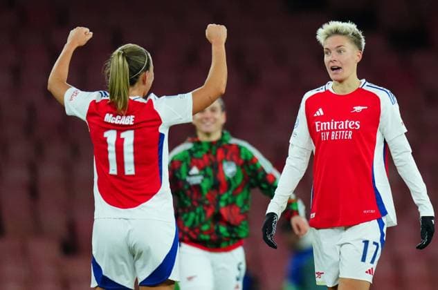 Lina Hurtig of Arsenal celebrates at full time with Katie McCabe Arsenal Women v Juventus Women, UEFA Women s Champions League, Group C, Football, Emirates Stadium, London, UK - 21 Nov 2024 EDITORIAL USE ONLY No use with unauthorised audio, video, data, fixture lists, club league logos or live services. Online in-match use limited to 120 images, no video emulation. No use in betting, games or single club league player publications. Copyright: xJavierxGarcia Shutterstockx 14933179al