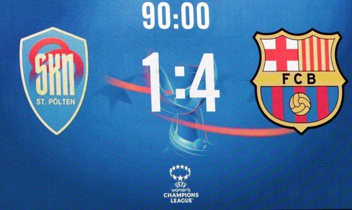 WOMEN SOCCER - UEFA CL, St.Poelten vs Barcelona VIENNA,AUSTRIA,21.NOV.24 - WOMEN SOCCER - UEFA Women s Champions League, group stage, SKN Sankt Poelten vs FC Barcelona, Barca Image shows the scoreboard.  GEPAxpictures xWalterxLuger