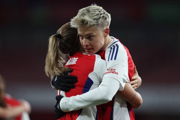 London, England, 21st November 2024. Lina Hurtig (R) of Arsenal celebrates with Katie McCabe of Arsenal after scoring the opening goal during the UEFA Womens Champions League match at the Emirates Stadium, London. Picture credit should read: Paul Terry Sportimage EDITORIAL USE ONLY. No use with unauthorised audio, video, data, fixture lists, club league logos or live services. Online in-match use limited to 120 images, no video emulation. No use in betting, games or single club league player publications. SPI-3462-0029