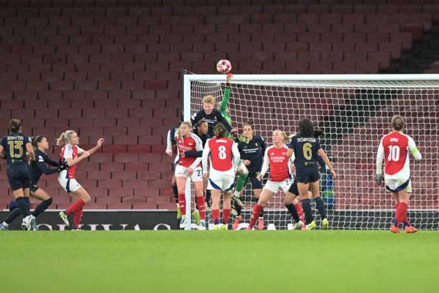 Amalie Jorgensen Vangsgaard of Juventas Women makes a save as Arsenal Women pressure during the second half of the Womens Champions League match between Arsenal Women and Juventus Femminile at the Emirates Stadium, London, England on 21 November 2024. Copyright: xPhilxHutchinsonx 42110031