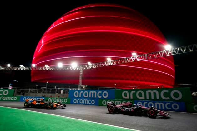 British Formula One driver Lando Norris of McLaren F1 Team and French Formula One driver Pierre Gasly of Alpine F1 Team in action during the first free practice session of the Formula One Las Vegas Grand Prix at the Las Vegas Strip Circuit in Las Vegas on Thursday, November 21, 2024.  LAV2024112141 GREGxNASH