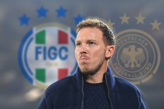 FOTOMONTAGE Draw quarterfinals of the soccer Nations League Germany meets Italy national coach Julian NAGELSMANN GER , single image,cropped single motif,portrait,portrait,portrait soccer UEFA Nations League,