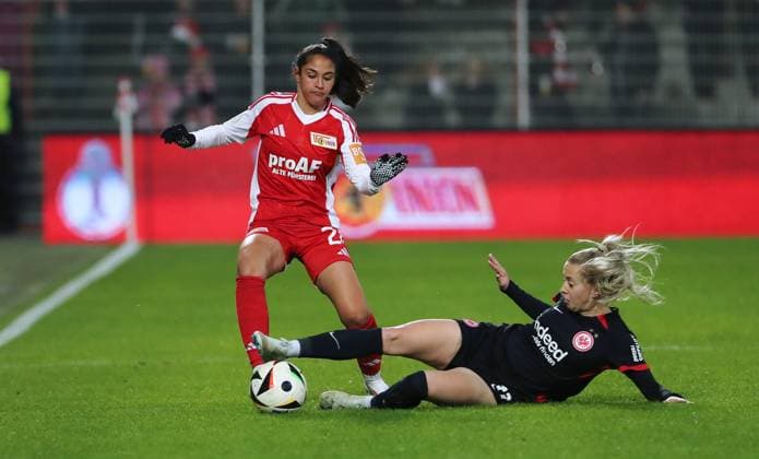Fatma Sakar in a duel with Nina Lührßen Action Match scene Sport Football Soccer Women Women DFB Cup Round of 16 Season 2024 2025 22 11 2024 1 FC Union Berlin vs SG Eintracht Frankfurt SGE DFL regulations prohibit any use of photographs as image sequences and or quasi video