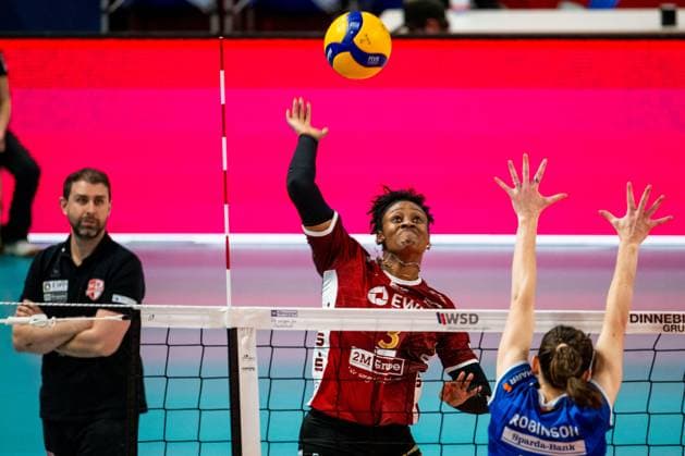 22 11 2024, Volleyball, Women, DVV Cup, Season 2024 2025, SC Potsdam Allianz MTV Stuttgart In the picture from l Danielle Harbin SC Potsdam ,Madelyn Robinson Allianz MTV Stuttgart Potsdam MBS Arena Potsdam Brandenburg Germany