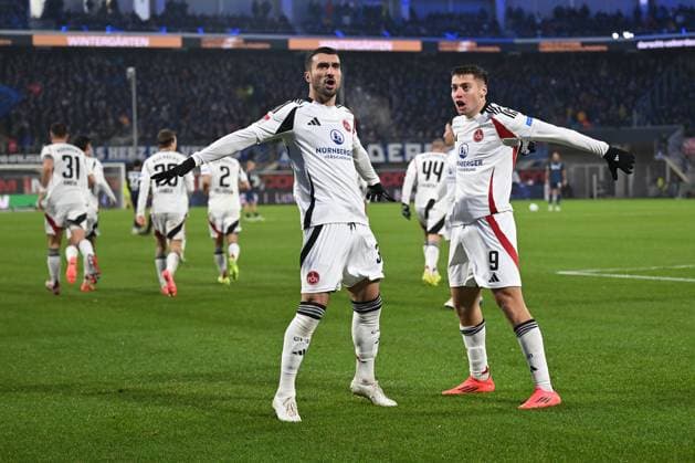 Paderborn, Home Deluxe Arena, 22 11 24, GER, Herren, 2 Bundesliga, Saison 2024 2025, SC Paderborn 07 1 FC Nuernberg Bild Stefanos TZIMAS Nuernberg jubilates after his goal for 1 2 Only for editorial use DFL regulations prohibit any use of photographs as image sequences and or quasi video NRW Germany