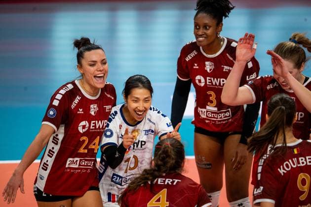 22 11 2024, Volleyball, Women, DVV Cup, Season 2024 2025, SC Potsdam Allianz MTV Stuttgart In the picture from l Jade Cholet SC Potsdam ,Yurika Bamba SC Potsdam ,Danielle Harbin SC Potsdam Potsdam Potsdam MBS Arena Potsdam Brandenburg Germany