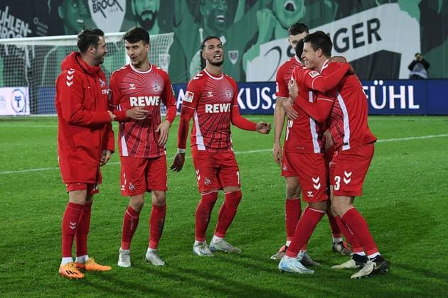 Soccer 2 Bundesliga 13 Matchday SC Preußen Münster 1 FC Köln on 22 11 2024 at the Preußenstadion in Münster Cologne players celebrate the away win DFL regulations prohibit any use of photographs as image sequences and or quasi video xRx