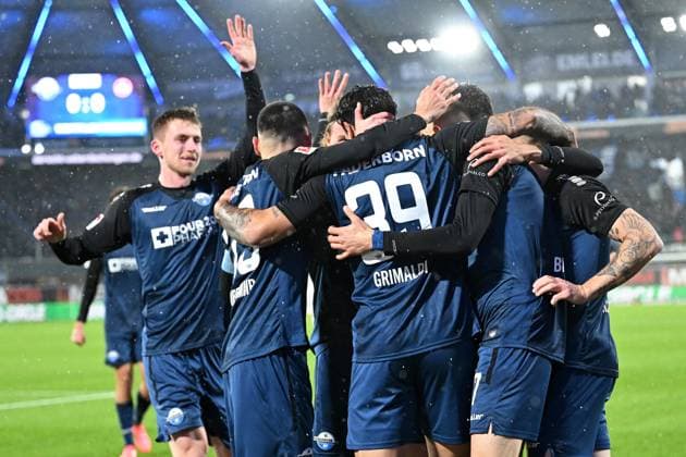Paderborn, Home Deluxe Arena, 22 11 24, GER, Herren, 2 Bundesliga, Saison 2024 2025, SC Paderborn 07 1 FC Nuernberg Bild Adriano GRIMALDI Paderborn jubilates after his goal for 1 0 Only for editorial use DFL regulations prohibit any use of photographs as image sequences and or quasi video NRW Germany