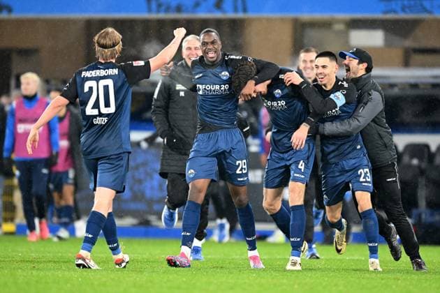 Paderborn, Home Deluxe Arena, 22 11 24, GER, Herren, 2 Bundesliga, Saison 2024 2025, SC Paderborn 07 1 FC Nuernberg Bild Calvin BRACKELMANN Paderborn jubilates after his goal for 3 2 Only for editorial use DFL regulations prohibit any use of photographs as image sequences and or quasi video NRW Germany