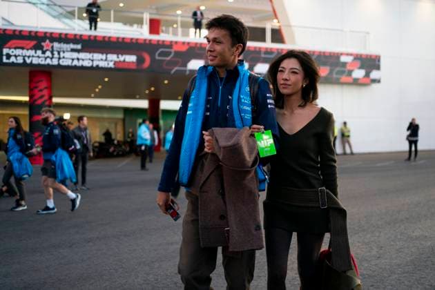Thai Formula One driver Alex Albon of Williams Racing and Lily He arrive for the Formula One Las Vegas Grand Prix at the Las Vegas Strip Circuit in Las Vegas on Friday, November 22, 2024.  LAV2024112209 GREGxNASH