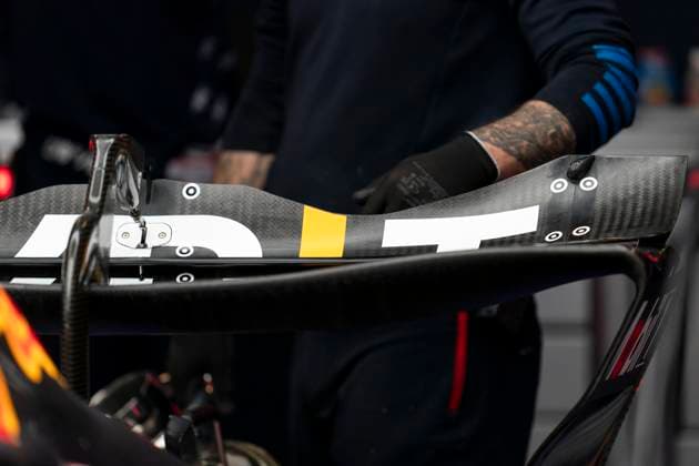 The wing of Dutch Formula One driver Max Verstappen of Red Bull Racing is seen before the third free practice session of the Formula One Las Vegas Grand Prix at the Las Vegas Strip Circuit in Las Vegas on Friday, November 22, 2024.  LAV2024112215 GREGxNASH
