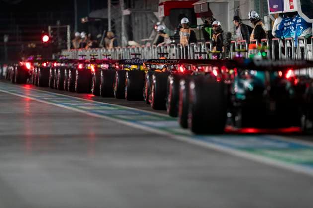 Formula One cars are seen in pit lane during the third free practice session of the Formula One Las Vegas Grand Prix at the Las Vegas Strip Circuit in Las Vegas on Friday, November 22, 2024.  LAV2024112238 GREGxNASH