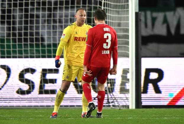 Cheering after the final whistle Goalkeeper Marvin Schwäbe 1 FC Koeln , Dominique Heintz 1 FC Koeln 22 11 2024, Soccer 2 Bundesliga, Matchday 13, Season 2024 2025 Preußen Münster 1 FC Köln 0 1 Muenster Preussenstadion Nordrhein Westfalen Germany Team2