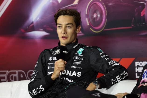 LAS VEGAS, NV - NOVEMBER 22: George Russell (63) Mercedes-AMG PETRONAS F1 Team talks to the media after securing the pole position for the F1 Heineken Silver Las Vegas Grand Prix on Friday, Nov. 22, 2024, at the Las Vegas Street Circuit in Las Vegas, Nevada. (Photo by Marc Sanchez Icon Sportswire) AUTO: NOV 22 F1 Heineken Silver Las Vegas Grand Prix EDITORIAL USE ONLY Icon14424112218291