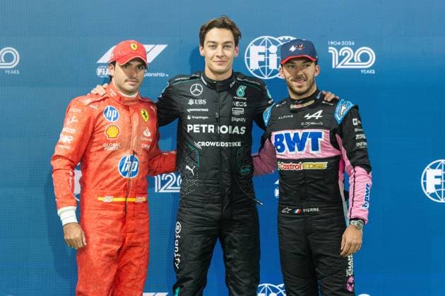 22nd November 2024; Las Vegas, Nevada, USA. F1 Las Vegas Grand Prix; Qualifying Day; George Russell (63) of United Kingdom and team Mercedes-AMG Petronas F1 Team, Carlos Sainz (55) of Spain and team Scuderia Ferrari and Pierre Gasly (10) of France and team BTW Alpine F1 Team after qualifying  ActionPlus12718160 BobxKupbens