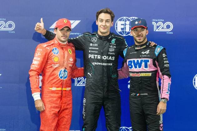 22nd November 2024; Las Vegas, Nevada, USA. F1 Las Vegas Grand Prix; Qualifying Day; George Russell (63) of United Kingdom and team Mercedes-AMG Petronas F1 Team, Carlos Sainz (55) of Spain and team Scuderia Ferrari and Pierre Gasly (10) of France and team BTW Alpine F1 Team after qualifying  ActionPlus12718161 BobxKupbens