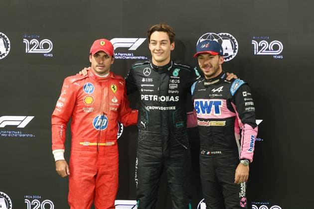 l r 2 grid position, Carlos Sainz jr Scuderia Ferrari HP , Pole position, George Russell Mercedes AMG , 3 grid position, Pierre Gasly Alpine , Las Vegas Grand Prix, Motorsport, Men, Formula 1, Qualifying, 22 11 2024 Las Vegas Nevada USA Copyright: xkolbert-press ChristianxKolbertx