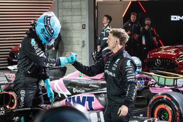 Pole position for George Russell UK, Mercedes AMG Petronas F1 Team 63 USA, Formula 1 World Championship, Grand Prix of Las Vegas, Las Vegas Strip Circuit, 22 11 2024 USA, Formula 1 World Championship, Grand Prix of Las Vegas, Las Vegas Strip Circuit, 22 11 2024 Las Vegas Copyright: xEibner-Pressefoto ThomasxFuesslerx EP_TFR