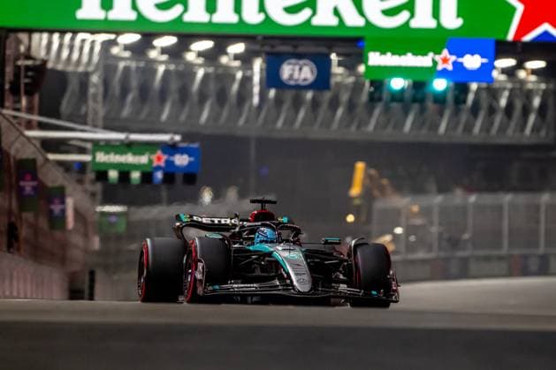 LAS VEGAS, UNITED STATES: George Russell, racing for the Mercedes team during the 2024 Formula 1 Las Vegas Grand Prix at the Las Vegas Street Circuit in Las Vegas, United States