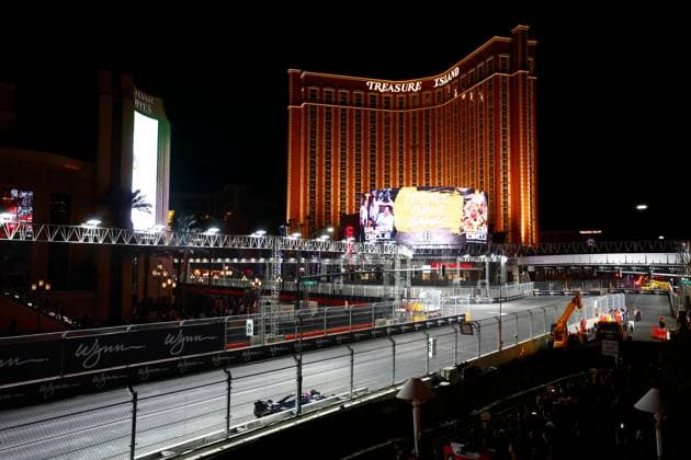 LAS VEGAS, NV - NOVEMBER 22: General view of turn 12 with Treasure Island Hotel & Casino in the background during free practice 3 ahead of the Formula 1 Heineken Silver Las Vegas Grand Prix on the Las Vegas Strip Circuit on November 22, 2024 in Las Vegas, Nevada. (Photo by Jeff Speer Icon Sportswire) AUTO: NOV 22 F1 Heineken Silver Las Vegas Grand Prix EDITORIAL USE ONLY Icon2411220801