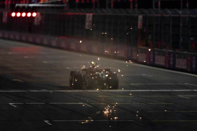 Sparks fly off of British Formula One driver Lewis Hamilton of Mercedes-AMG Petronas during qualifying for the Formula One Las Vegas Grand Prix at the Las Vegas Strip Circuit in Las Vegas on Friday, November 22, 2024.  LAV2024112257 GREGxNASH