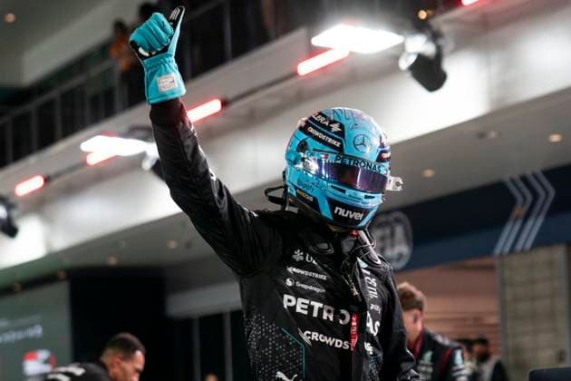 British Formula One driver George Russell of Mercedes-AMG Petronas celebrates taking pole position for the Formula One Las Vegas Grand Prix at the Las Vegas Strip Circuit in Las Vegas on Friday, November 22, 2024.  LAV2024112272 GREGxNASH