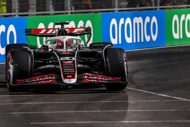 LAS VEGAS, UNITED STATES: Kevin Magnussen, racing for the Haas F1 team during the 2024 Formula 1 Las Vegas Grand Prix at the Las Vegas Street Circuit in Las Vegas, United States