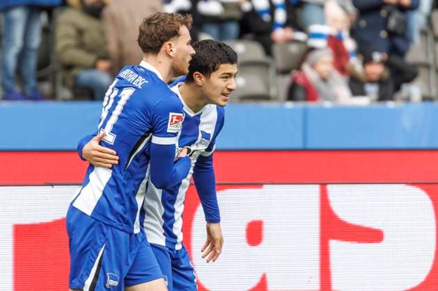 Berlin, 23 11 24, Soccer, 2 Bundesliga, Matchday 13, Hertha BSC SSV Ulm 1846, Olympiastadion Berlins Ibrahim Maza scores the 1 0 and is happy with Berlins Pascal Klemens DFL regulations and DFB regulations prohibit any use of photographs as image sequences and or quasi video, Foto Andreas Gora Hertha BSC SSV Ulm 1846