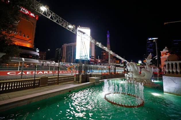 LAS VEGAS, NV - NOVEMBER 22: General view of the F1 track going down Las Vegas Blvd. alongside Caesars Palace Hotel & Casino after free practice 3 ahead of the Formula 1 Heineken Silver Las Vegas Grand Prix on the Las Vegas Strip Circuit on November 22, 2024 in Las Vegas, Nevada. (Photo by Jeff Speer Icon Sportswire) AUTO: NOV 22 F1 Heineken Silver Las Vegas Grand Prix EDITORIAL USE ONLY Icon2411221171