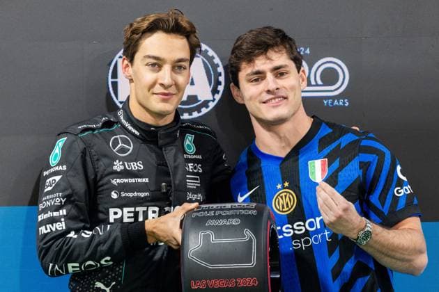22nd November 2024; Las Vegas, Nevada, USA. F1 Las Vegas Grand Prix; Qualifying Day; George Russell (63) of United Kingdom and team Mercedes-AMG Petronas F1 Team receives the Polie Position Award after qualifying  ActionPlus12718405 BobxKupbens