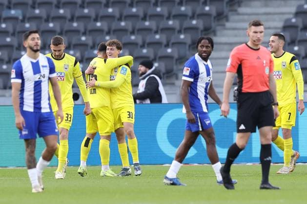 23 11 2024, xtgx, Fußball 2 Bundesliga, Hertha BSC Berlin SSV Ulm 1846 emspor, v l Maurice Krattenmacher Ulm, 30 Jubel, Torjubel, jubelt ueber das Tor, celebrate the goal, celebration DFL DFB REGULATIONS PROHIBIT ANY USE OF PHOTOGRAPHS as IMAGE SEQUENCES and or QUASI VIDEO Berlin