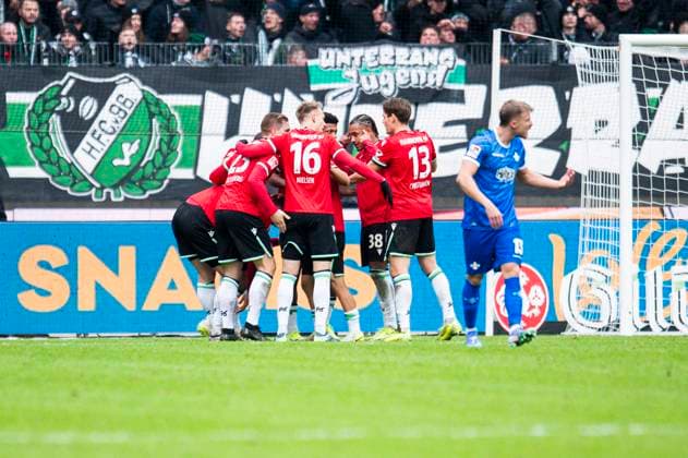 23 11 2024 Soccer, 2024 2025, 2 Bundesliga, Matchday 13, Hannover 96 SV Darmstadt 98 Cheering after the goal to 1 1 by Hyun ju Lee Hannover , L 2R Marcel Halstenberg Hannover , Havard Nielsen Hannover , Monju Momuluh Hannover , Max Christiansen Hannover DFL REGULATIONS PROHIBIT ANY USE OF PHOTOGRAPHS AS IMAGE SEQUENCES AND OR QUASI VIDEO Hannover Lower Saxony Germany Heinz von Heiden Arena