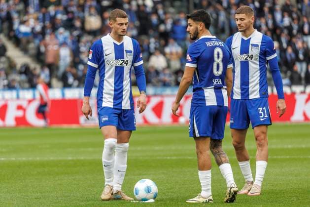 Berlin, 23 11 24, Soccer, 2 Bundesliga, Matchday 13, Hertha BSC SSV Ulm 1846, Olympiastadion Berlins Palko Dardai, Berlins Kevin Sessa and Berlins Marton Dardai stand on the pitch DFL regulations and DFB regulations prohibit any use of photographs as image sequences and or quasi video, Foto Andreas Gora Hertha BSC SSV Ulm 1846