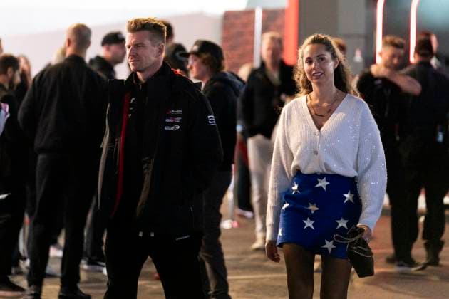 German Formula One driver Nico Hulkenberg of Haas F1 Team and Egle Ruskyte arrive for the Formula One Las Vegas Grand Prix at the Las Vegas Strip Circuit in Las Vegas on Saturday, November 23, 2024.  LAV2024112303 GREGxNASH