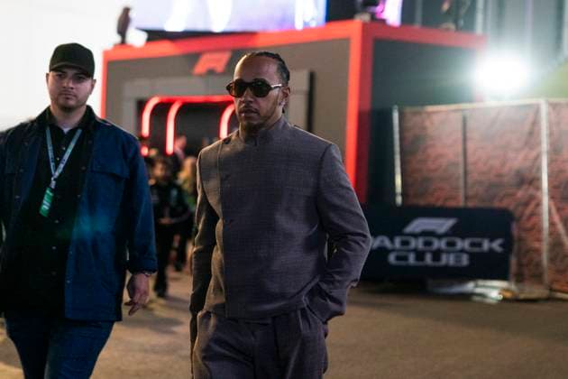 British Formula One driver Lewis Hamilton of Mercedes-AMG Petronas arrives for the Formula One Las Vegas Grand Prix at the Las Vegas Strip Circuit in Las Vegas on Saturday, November 23, 2024.  LAV2024112306 GREGxNASH