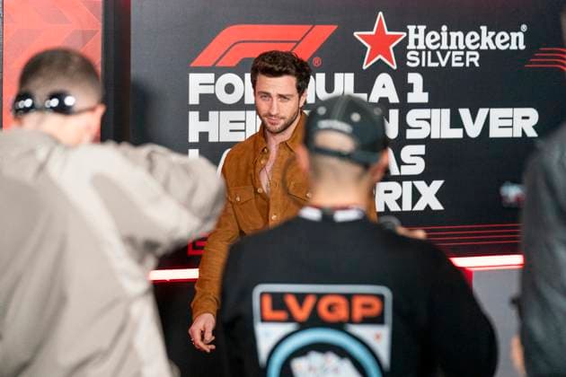 Aaron Taylor-Johnson arrives for the Formula One Las Vegas Grand Prix at the Las Vegas Strip Circuit in Las Vegas on Saturday, November 23, 2024.  LAV2024112309 GREGxNASH