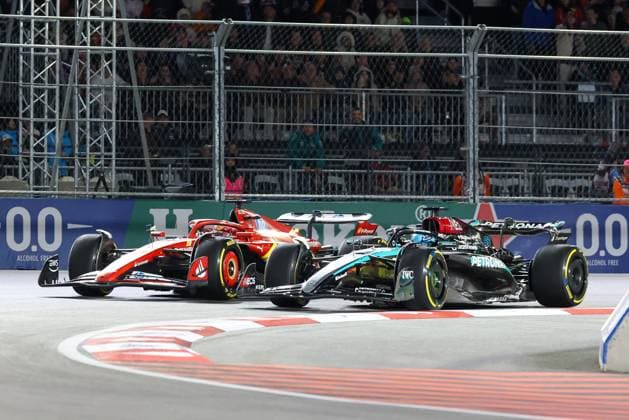 Duel between Charles Leclerc Scuderia Ferrari HP and George Russell Mercedes AMG , Las Vegas Grand Prix, Motorsport, Men, Formula 1, Race, 23 11 2024 Las Vegas Nevada USA Copyright: xkolbert-press ChristianxKolbertx