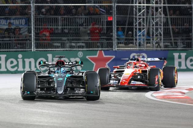 George Russell Mercedes AMG followed by Charles Leclerc Scuderia Ferrari HP , Las Vegas Grand Prix, Motorsport, Men, Formula 1, Race, 23 11 2024 Las Vegas Nevada USA Copyright: xkolbert-press ChristianxKolbertx