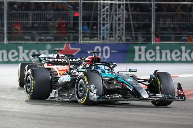 George Russell Mercedes AMG followed by Charles Leclerc Scuderia Ferrari HP , Las Vegas Grand Prix, Motorsport, Men, Formula 1, Race, 23 11 2024 Las Vegas Nevada USA Copyright: xkolbert-press ChristianxKolbertx